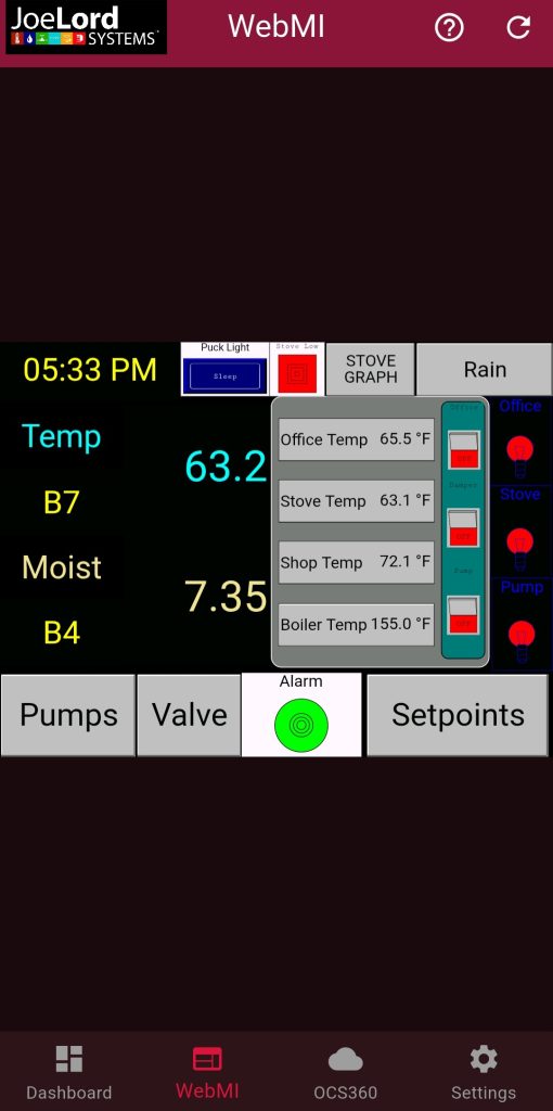 Joe Lord Systems phone app showing live temperatures, moisture, pumps and alarm status