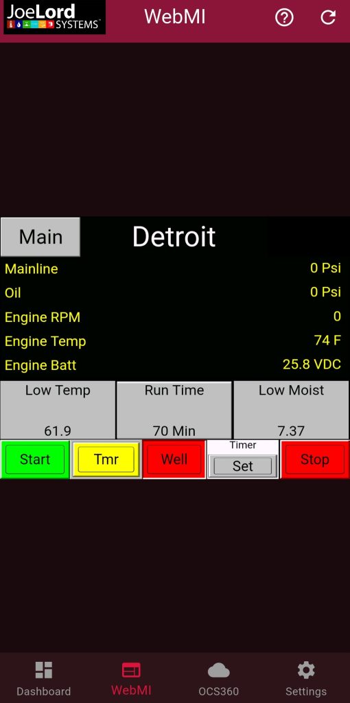 Lord System app pump screen with engine readings and start/stop buttons