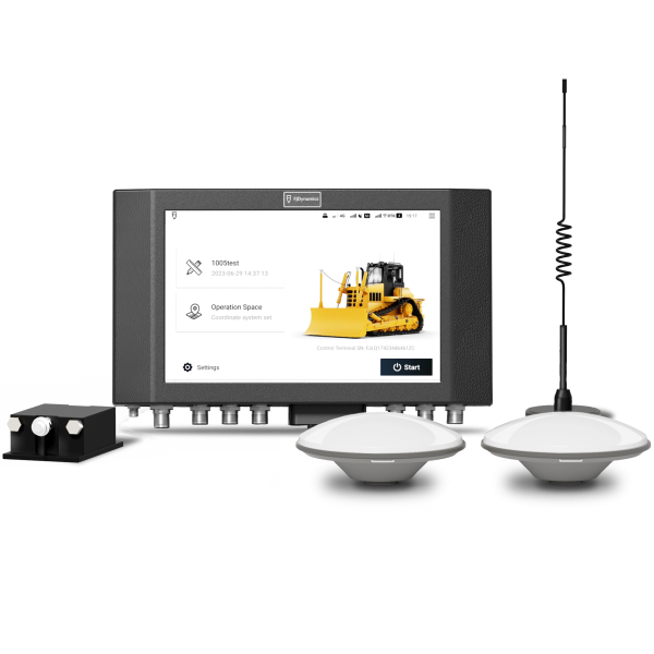 FJD DC100 3D GPS dozer control system with display, GNSS antennas, and control box