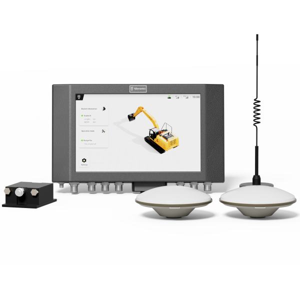 FJD EC100 3D excavator guidance system with display, GNSS antennas, and sensors